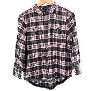 Gryphon New York Women’s Button Down Shirt Plaid Chain Hem Size M Red Black